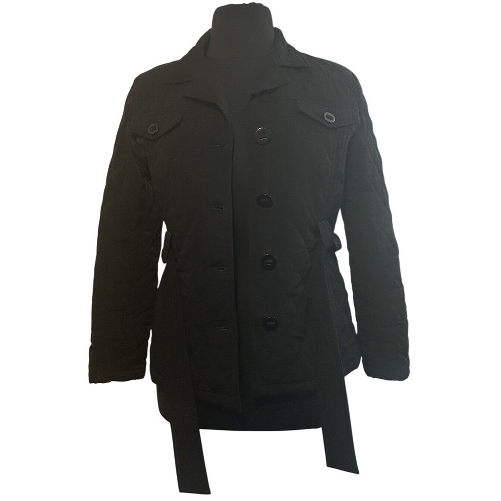 Esprit Quilted Jacket Women Large Black Excellent Belted Full Zip Collar
